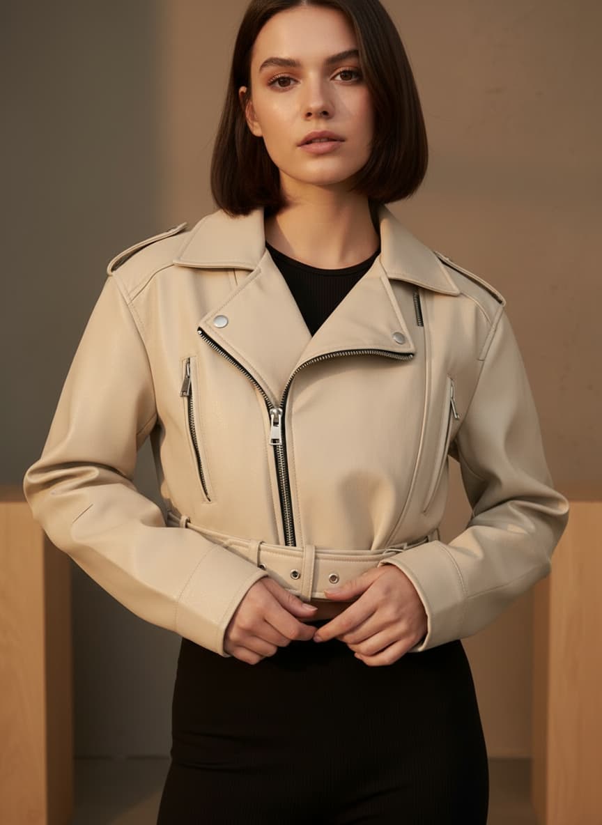 Sandstone Cropped Biker Jacket